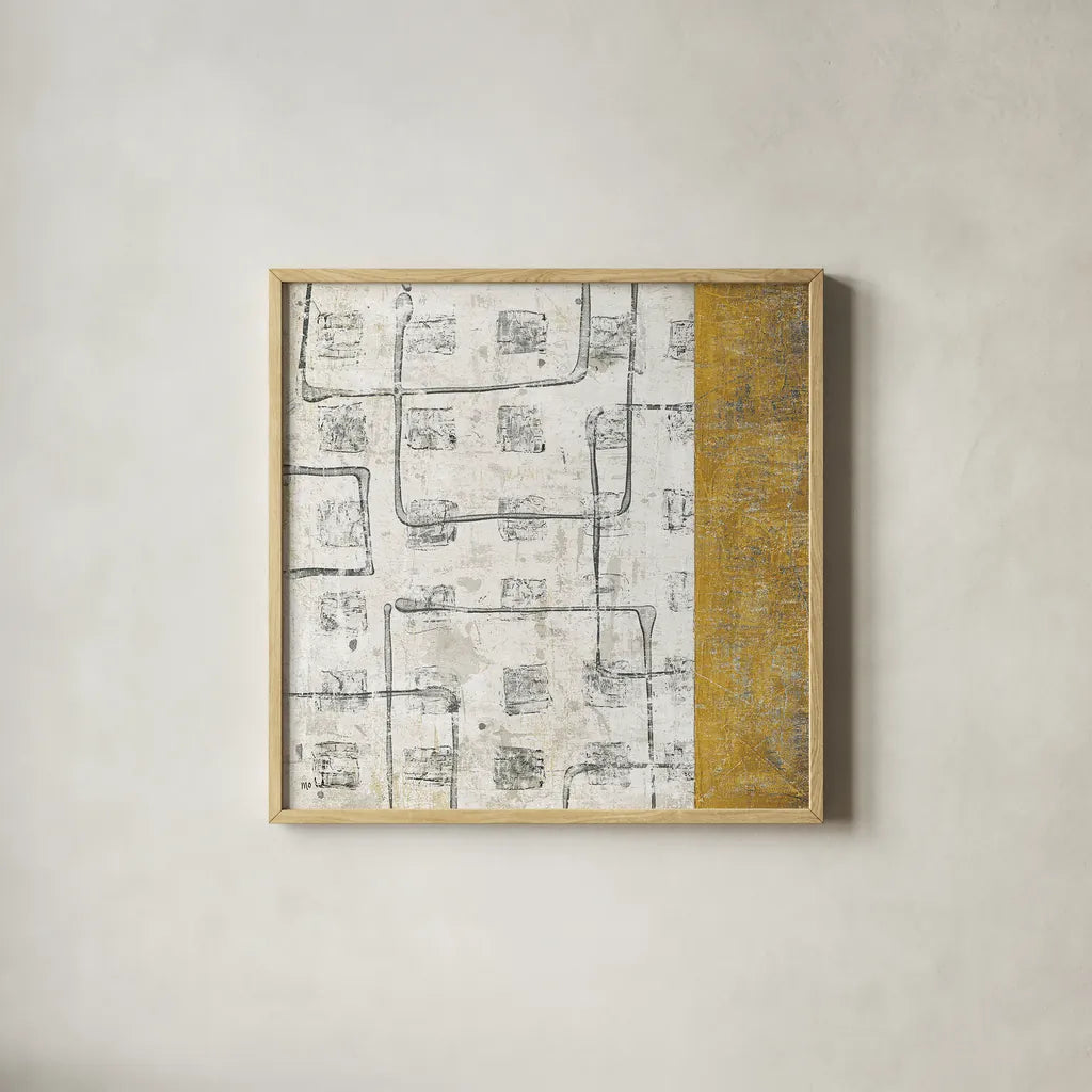 Earth Matter II Gold by Michael Mullan. Shown in a natural wood glass frame for a timeless modern aesthetic. Available as an archival giclee rolled canvas, fine art paper, or poster print. SKU 30296a.