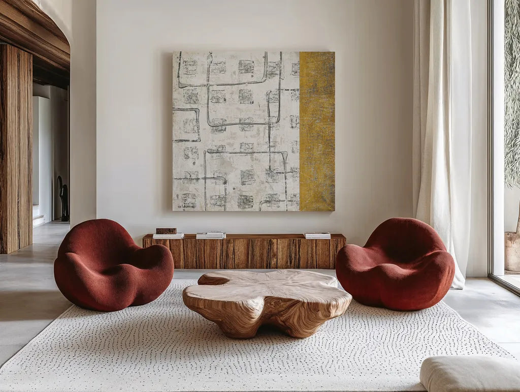 Earth Matter II Gold by Michael Mullan. Shown as extra-large giant wall art in a modern living room. Available as an archival giclee rolled canvas, fine art paper, or poster print. SKU 30296a.
