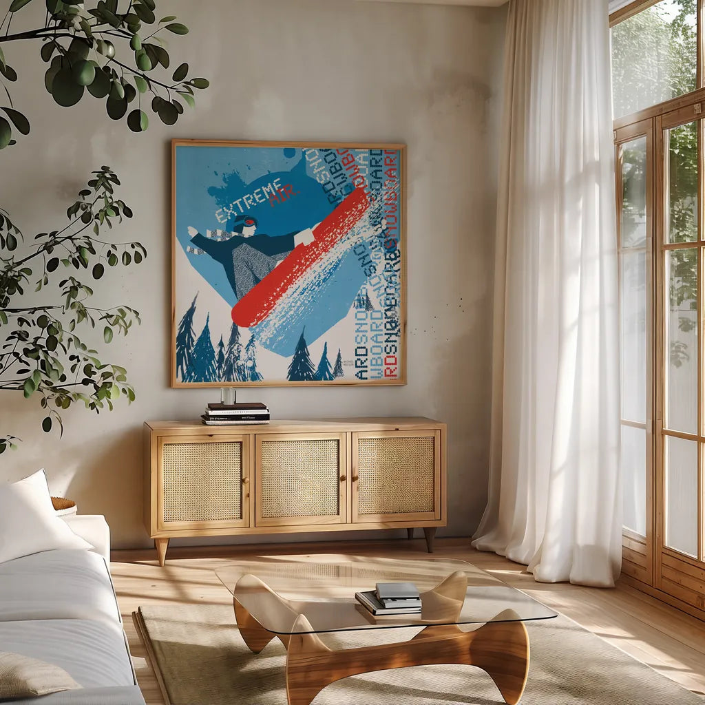 Extreme Air I by Michael Mullan. Shown in a natural wood frame in a cozy modern living room. Available as an archival giclee rolled canvas, fine art paper, or poster print. SKU 3684a.