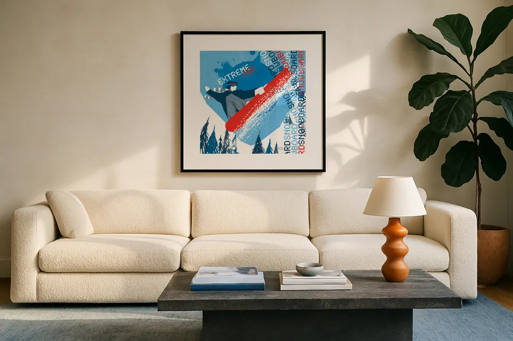 Extreme Air I by Michael Mullan. Displayed in a glass frame with matte in a clean modern living room. Available as an archival giclee rolled canvas, fine art paper, or poster print. SKU 3684a.