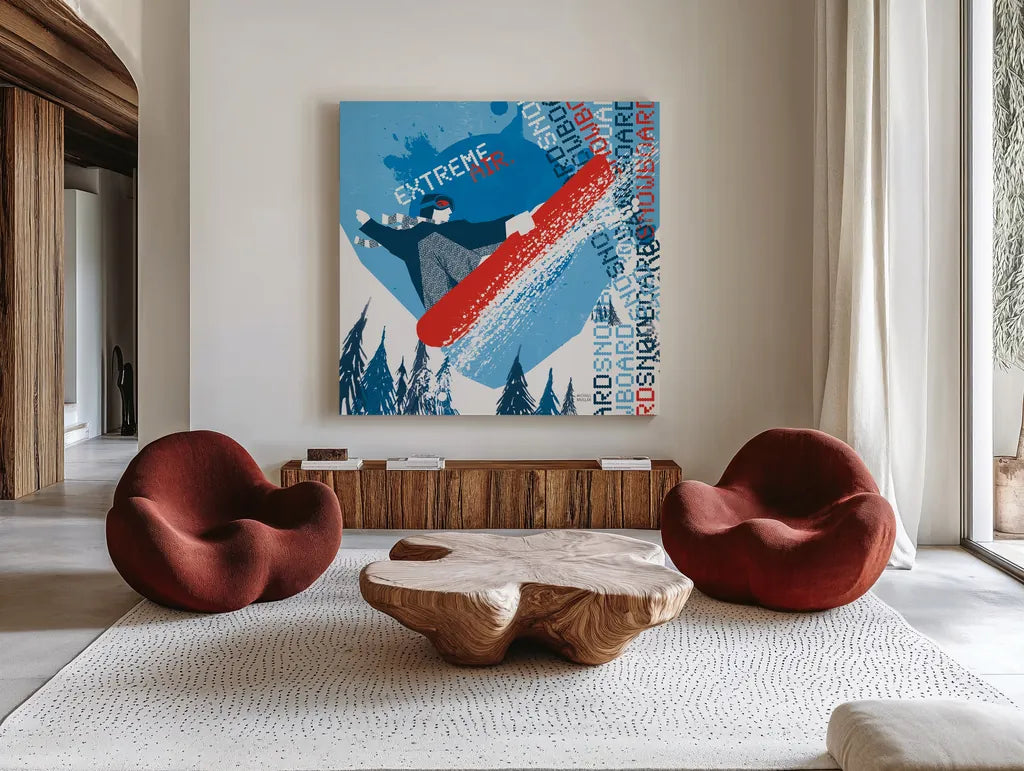 Extreme Air I by Michael Mullan. Shown as extra-large giant wall art in a modern living room. Available as an archival giclee rolled canvas, fine art paper, or poster print. SKU 3684a.