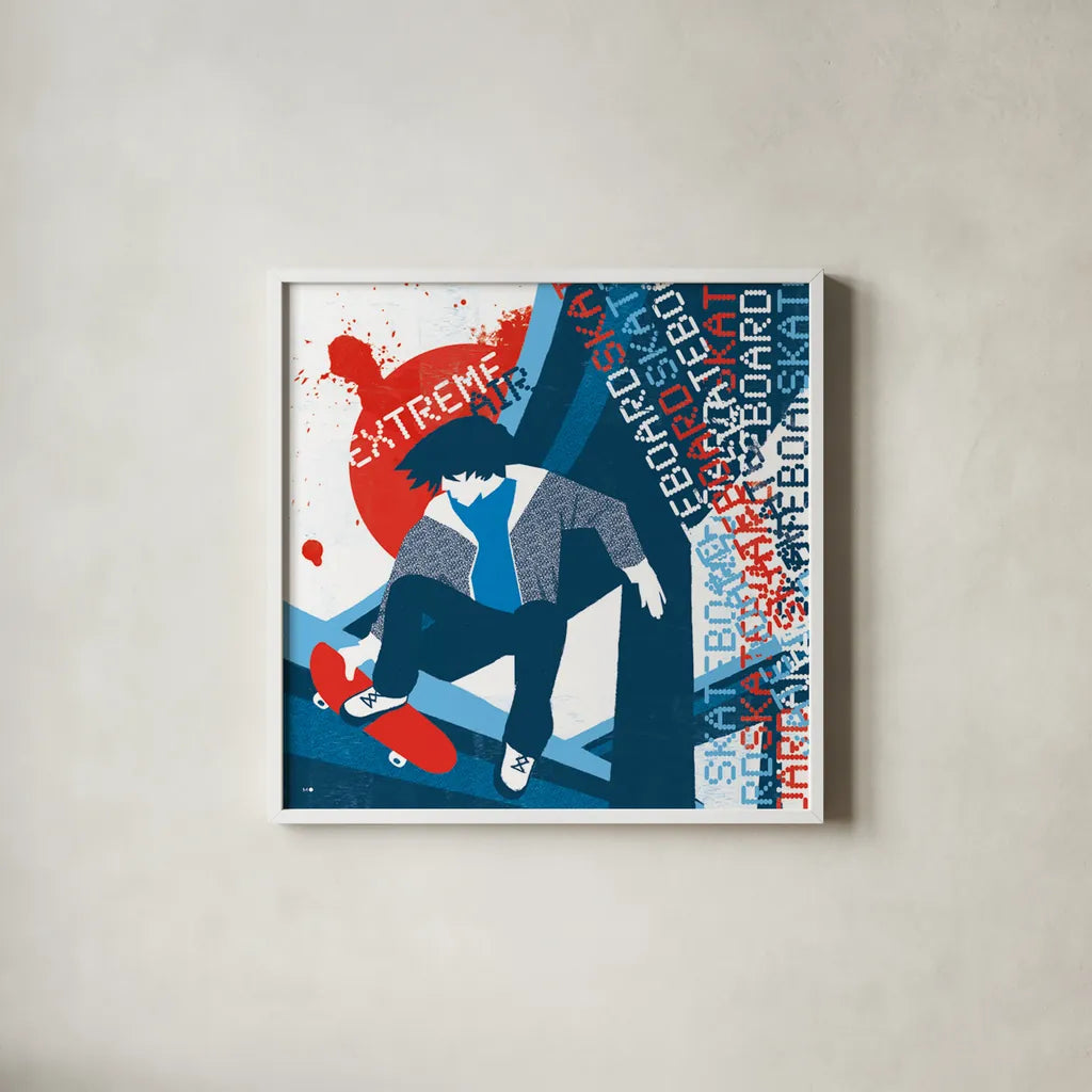 Extreme Air II by Michael Mullan. Shown in a crisp white glass frame for a clean and minimalist style. Available as an archival giclee rolled canvas, fine art paper, or poster print. SKU 3685a.