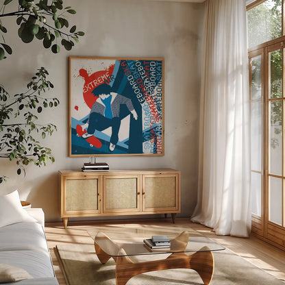 Extreme Air II by Michael Mullan. Shown in a natural wood frame in a cozy modern living room. Available as an archival giclee rolled canvas, fine art paper, or poster print. SKU 3685a.