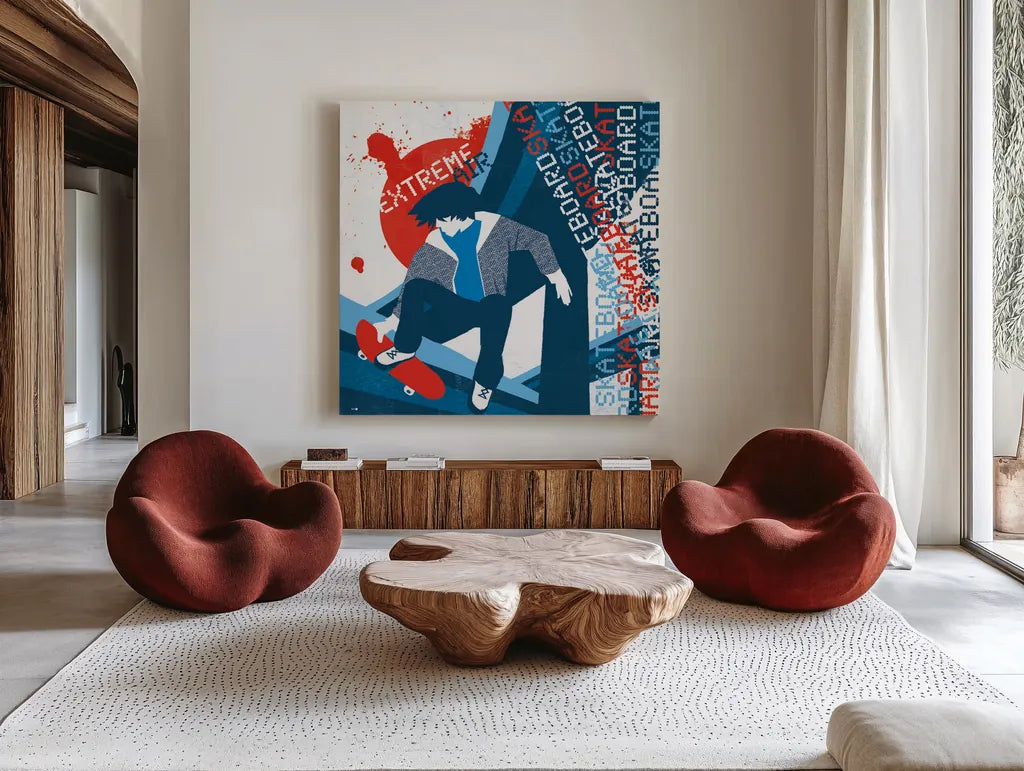 Extreme Air II by Michael Mullan. Shown as extra-large giant wall art in a modern living room. Available as an archival giclee rolled canvas, fine art paper, or poster print. SKU 3685a.