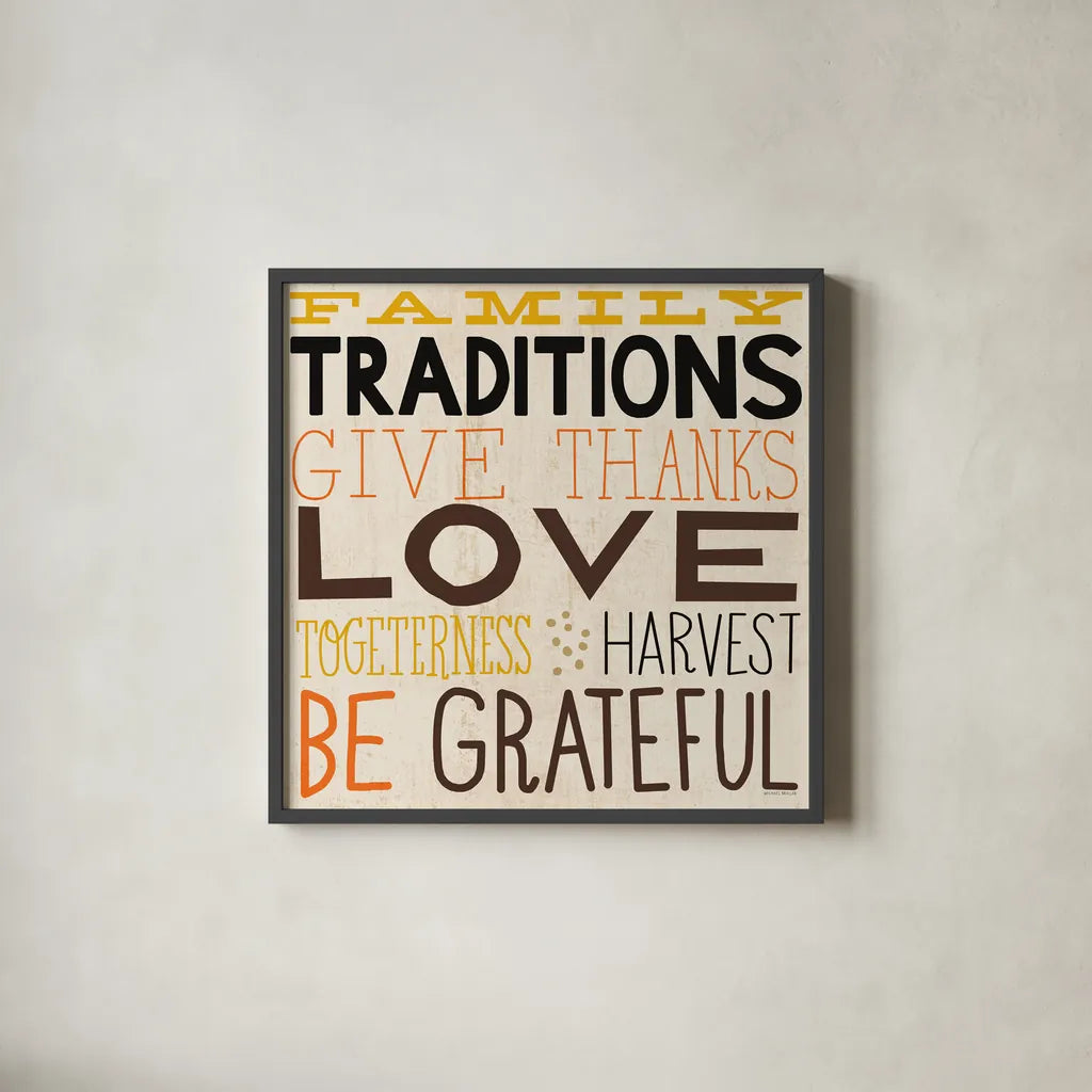 Family Traditions by Michael Mullan. Shown in a sleek black glass frame for a contemporary gallery look. Available as an archival giclee rolled canvas, fine art paper, or poster print. SKU 57874a.