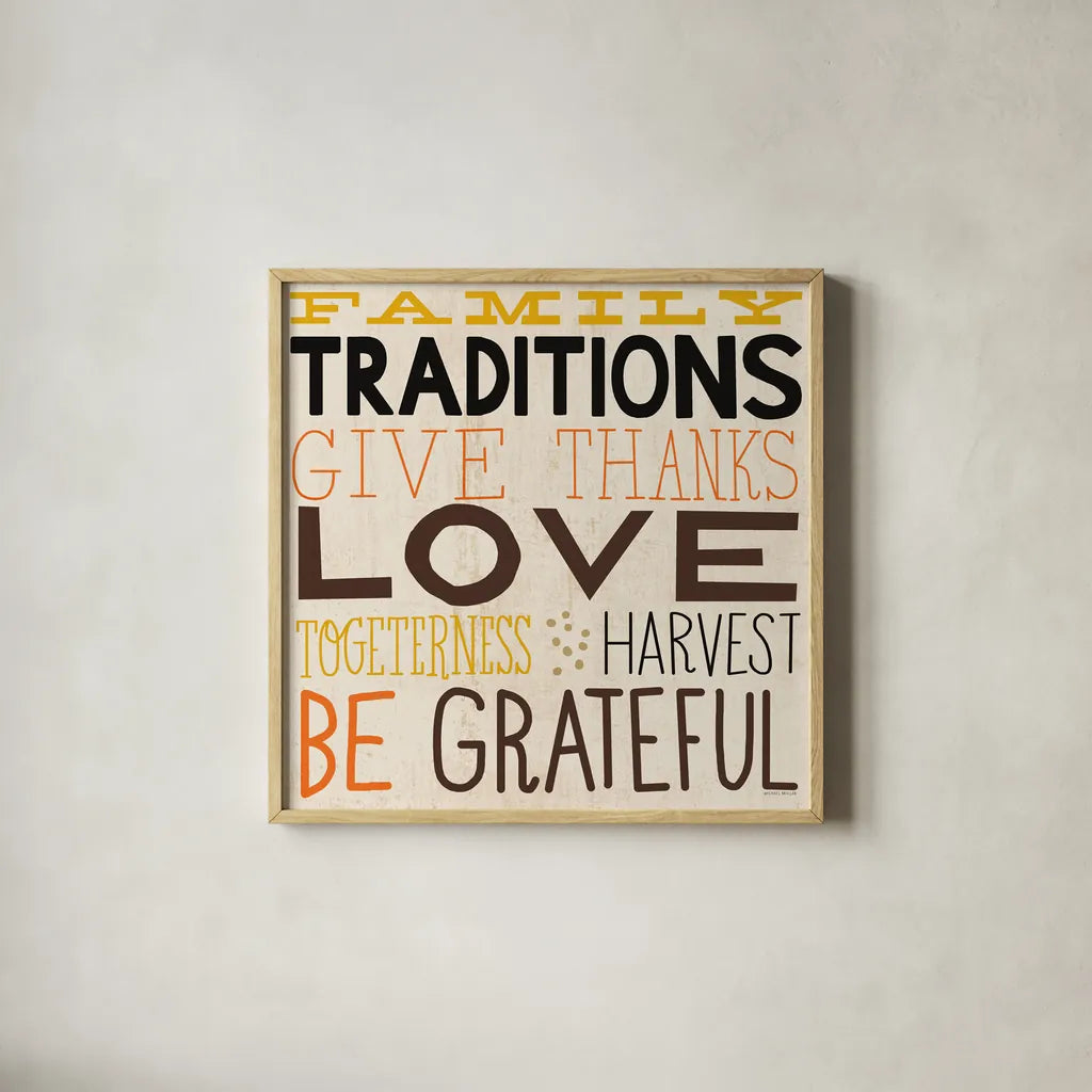 Family Traditions by Michael Mullan. Shown in a natural wood glass frame for a timeless modern aesthetic. Available as an archival giclee rolled canvas, fine art paper, or poster print. SKU 57874a.