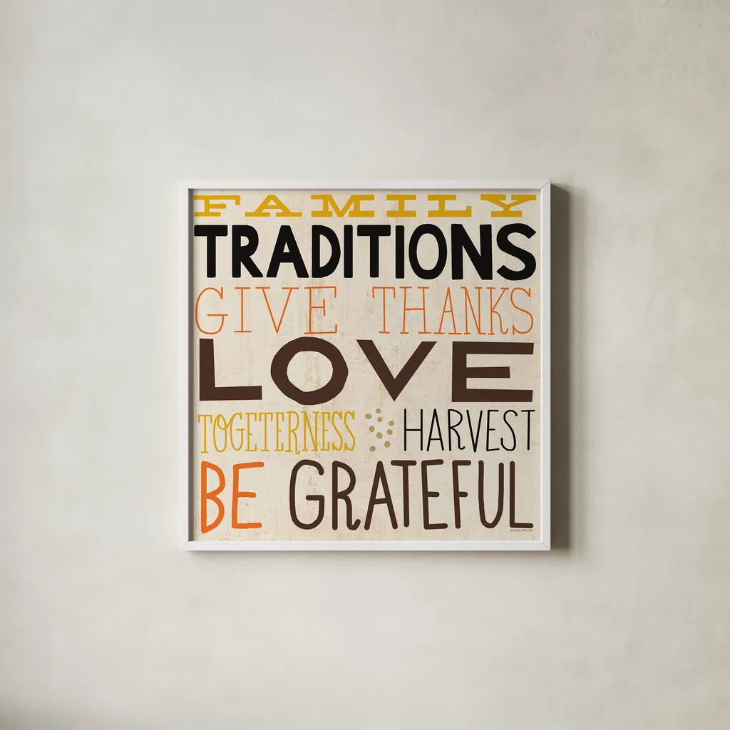 Family Traditions by Michael Mullan. Shown in a crisp white glass frame for a clean and minimalist style. Available as an archival giclee rolled canvas, fine art paper, or poster print. SKU 57874a.