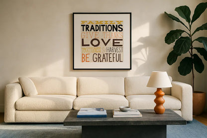Family Traditions by Michael Mullan. Displayed in a glass frame with matte in a clean modern living room. Available as an archival giclee rolled canvas, fine art paper, or poster print. SKU 57874a.