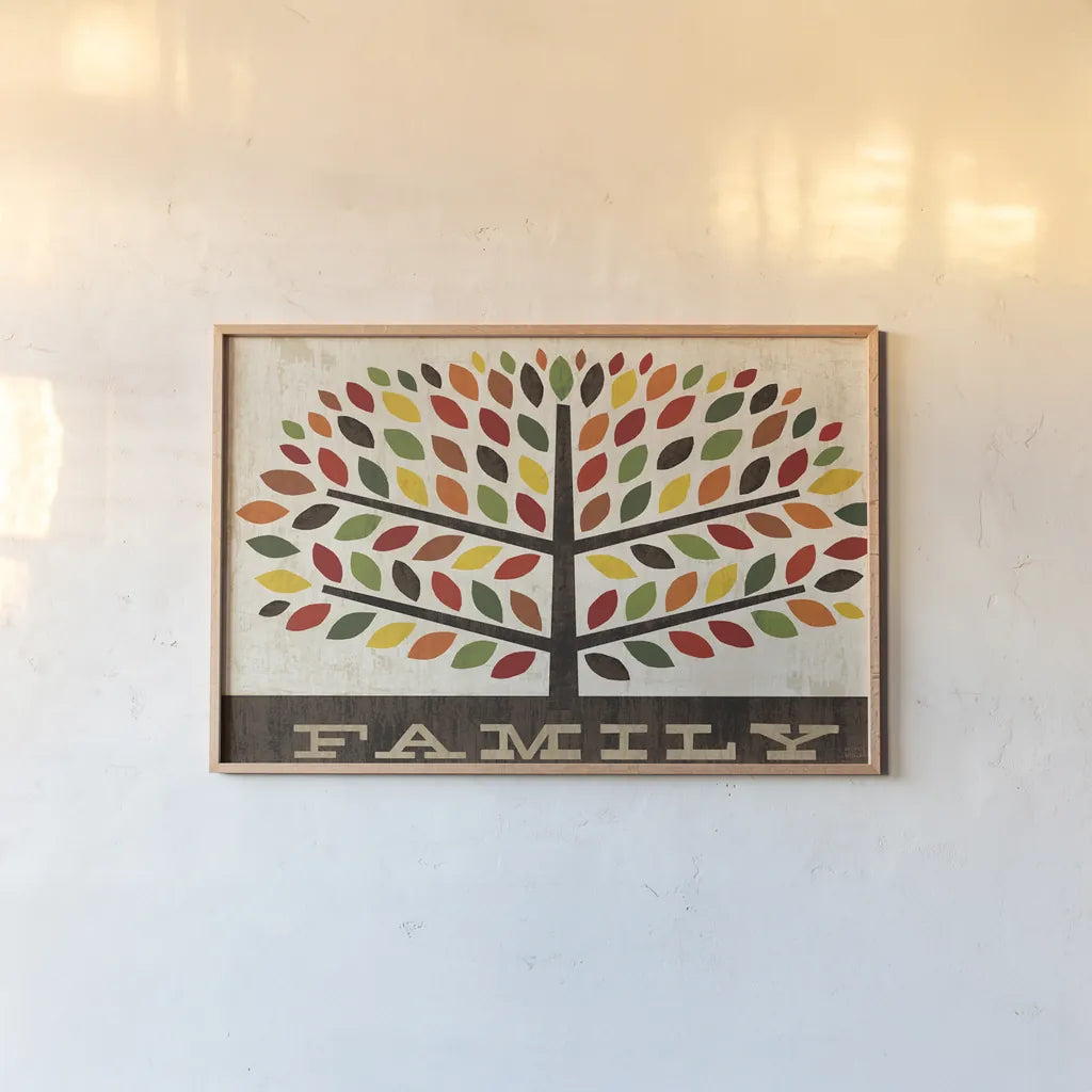 Family Tree by Michael Mullan. shown as a paper print in a natural frame. Available as a archival giclee rolled canvas, fine art paper, or poster print. SKU 19998i.