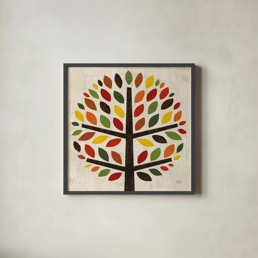 Family Tree Round by Michael Mullan. Shown in a sleek black glass frame for a contemporary gallery look. Available as an archival giclee rolled canvas, fine art paper, or poster print. SKU 19022a.