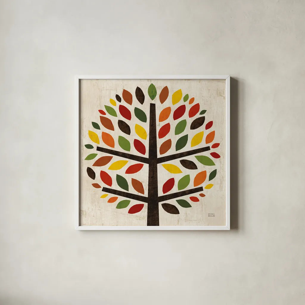 Family Tree Round by Michael Mullan. Shown in a crisp white glass frame for a clean and minimalist style. Available as an archival giclee rolled canvas, fine art paper, or poster print. SKU 19022a.