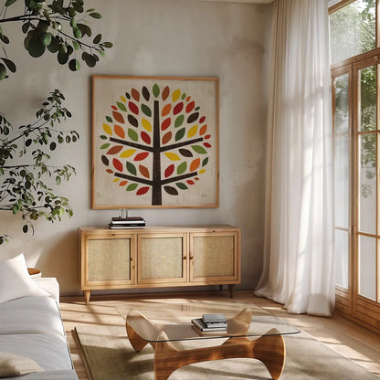 Family Tree Round by Michael Mullan. Shown in a natural wood frame in a cozy modern living room. Available as an archival giclee rolled canvas, fine art paper, or poster print. SKU 19022a.