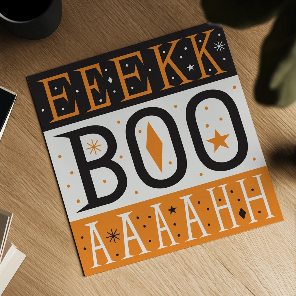 Festive Fright EEK BOO AHH by Michael Mullan. Shown as a detailed flat fine art print, highlighting archival giclee quality. Available as an archival giclee rolled canvas, fine art paper, or poster print. SKU 48260a.