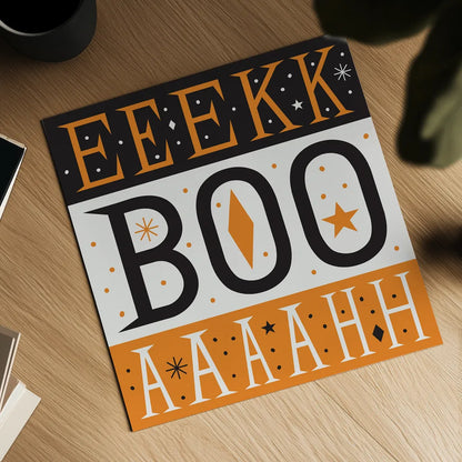 Festive Fright EEK BOO AHH by Michael Mullan. Shown as a detailed flat fine art print, highlighting archival giclee quality. Available as an archival giclee rolled canvas, fine art paper, or poster print. SKU 48260a.