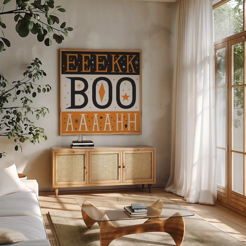 Festive Fright EEK BOO AHH by Michael Mullan. Shown in a natural wood frame in a cozy modern living room. Available as an archival giclee rolled canvas, fine art paper, or poster print. SKU 48260a.