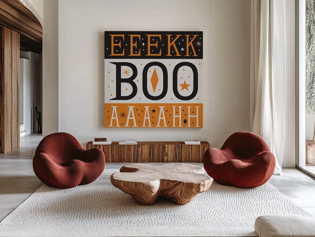 Festive Fright EEK BOO AHH by Michael Mullan. Shown as extra-large giant wall art in a modern living room. Available as an archival giclee rolled canvas, fine art paper, or poster print. SKU 48260a.