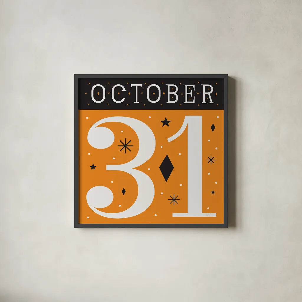 Festive Fright October 31 II by Michael Mullan. Shown in a sleek black glass frame for a contemporary gallery look. Available as an archival giclee rolled canvas, fine art paper, or poster print. SKU 48266a.