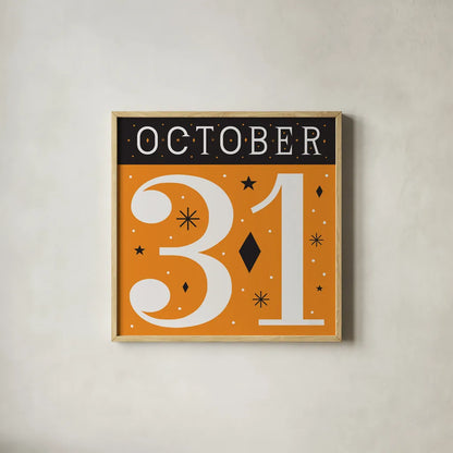 Festive Fright October 31 II by Michael Mullan. Shown in a natural wood glass frame for a timeless modern aesthetic. Available as an archival giclee rolled canvas, fine art paper, or poster print. SKU 48266a.