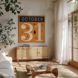 Festive Fright October 31 II by Michael Mullan. Shown in a natural wood frame in a cozy modern living room. Available as an archival giclee rolled canvas, fine art paper, or poster print. SKU 48266a.