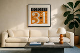 Festive Fright October 31 II by Michael Mullan. Displayed in a glass frame with matte in a clean modern living room. Available as an archival giclee rolled canvas, fine art paper, or poster print. SKU 48266a.