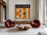 Festive Fright October 31 II by Michael Mullan. Shown as extra-large giant wall art in a modern living room. Available as an archival giclee rolled canvas, fine art paper, or poster print. SKU 48266a.