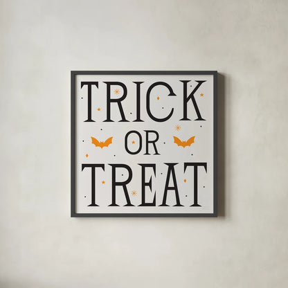 Festive Fright Trick or Treat II by Michael Mullan. Shown in a sleek black glass frame for a contemporary gallery look. Available as an archival giclee rolled canvas, fine art paper, or poster print. SKU 48269a.