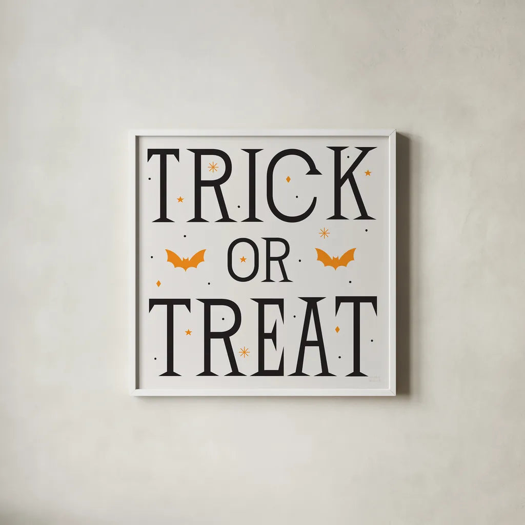 Festive Fright Trick or Treat II by Michael Mullan. Shown in a crisp white glass frame for a clean and minimalist style. Available as an archival giclee rolled canvas, fine art paper, or poster print. SKU 48269a.