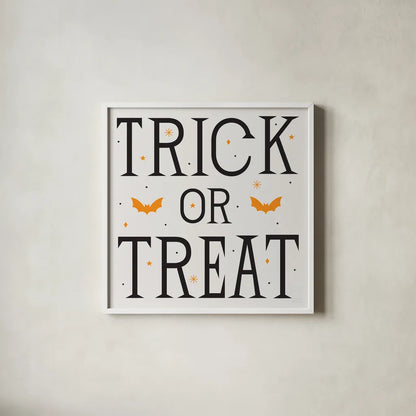 Festive Fright Trick or Treat II by Michael Mullan. Shown in a crisp white glass frame for a clean and minimalist style. Available as an archival giclee rolled canvas, fine art paper, or poster print. SKU 48269a.
