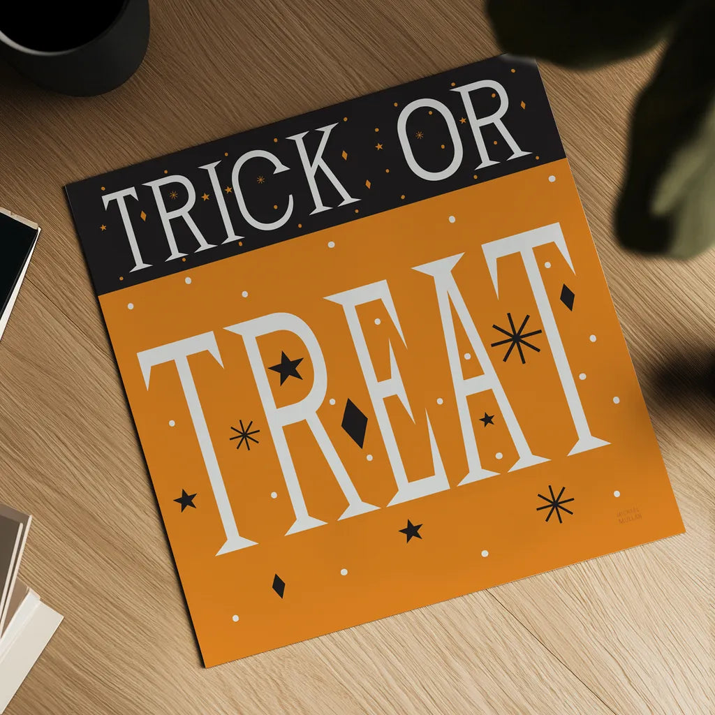 Festive Fright Trick or Treat III by Michael Mullan. Shown as a detailed flat fine art print, highlighting archival giclee quality. Available as an archival giclee rolled canvas, fine art paper, or poster print. SKU 67878a.