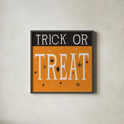 Festive Fright Trick or Treat III by Michael Mullan. Shown in a sleek black glass frame for a contemporary gallery look. Available as an archival giclee rolled canvas, fine art paper, or poster print. SKU 67878a.