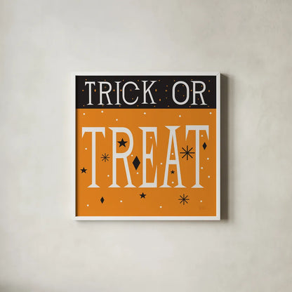 Festive Fright Trick or Treat III by Michael Mullan. Shown in a crisp white glass frame for a clean and minimalist style. Available as an archival giclee rolled canvas, fine art paper, or poster print. SKU 67878a.