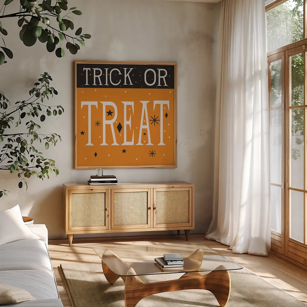 Festive Fright Trick or Treat III by Michael Mullan. Shown in a natural wood frame in a cozy modern living room. Available as an archival giclee rolled canvas, fine art paper, or poster print. SKU 67878a.