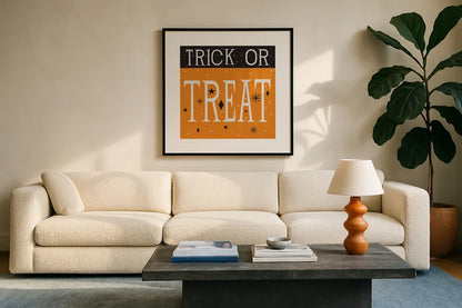 Festive Fright Trick or Treat III by Michael Mullan. Displayed in a glass frame with matte in a clean modern living room. Available as an archival giclee rolled canvas, fine art paper, or poster print. SKU 67878a.