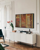 Fire by Michael Mullan. shown as a framed stretched canvas in a living room above a console. Available as a archival giclee rolled canvas, fine art paper, or poster print. SKU 50636i.