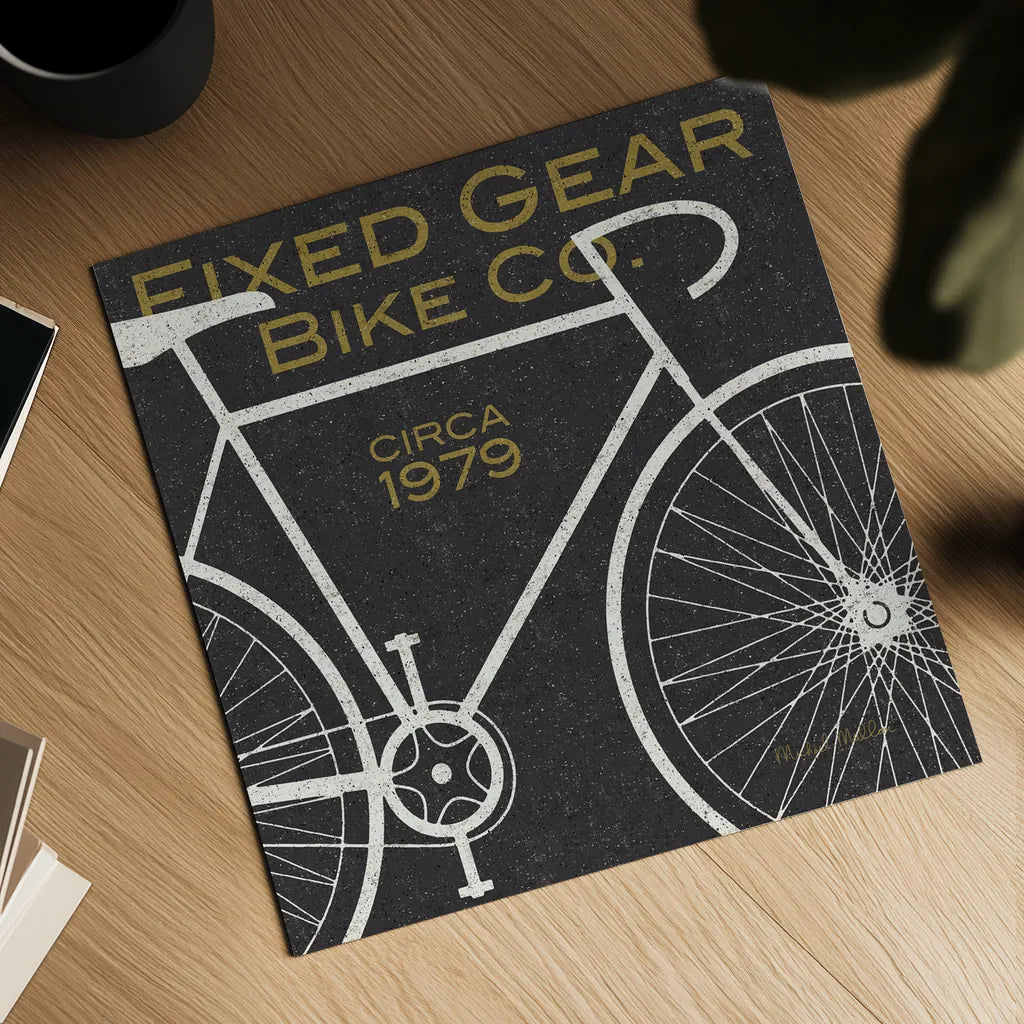 Fixed Gear Bike Co by Michael Mullan. Shown as a detailed flat fine art print, highlighting archival giclee quality. Available as an archival giclee rolled canvas, fine art paper, or poster print. SKU 11868a.