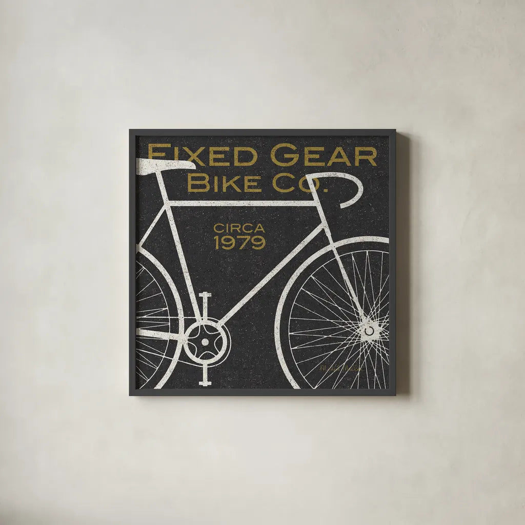 Fixed Gear Bike Co by Michael Mullan. Shown in a sleek black glass frame for a contemporary gallery look. Available as an archival giclee rolled canvas, fine art paper, or poster print. SKU 11868a.