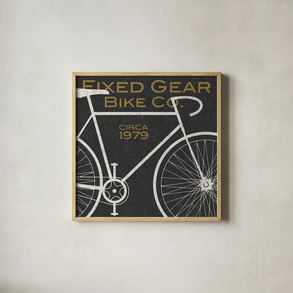 Fixed Gear Bike Co by Michael Mullan. Shown in a natural wood glass frame for a timeless modern aesthetic. Available as an archival giclee rolled canvas, fine art paper, or poster print. SKU 11868a.