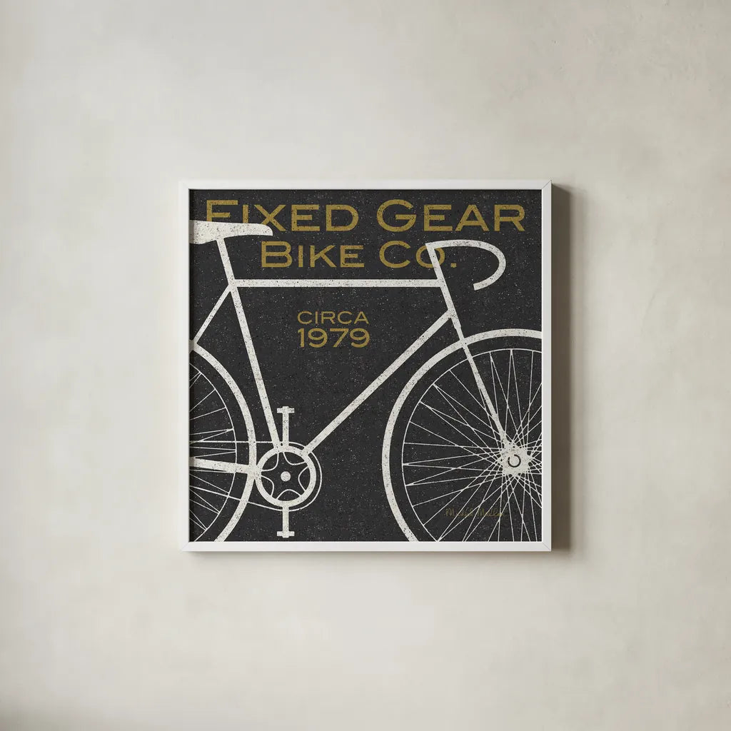Fixed Gear Bike Co by Michael Mullan. Shown in a crisp white glass frame for a clean and minimalist style. Available as an archival giclee rolled canvas, fine art paper, or poster print. SKU 11868a.