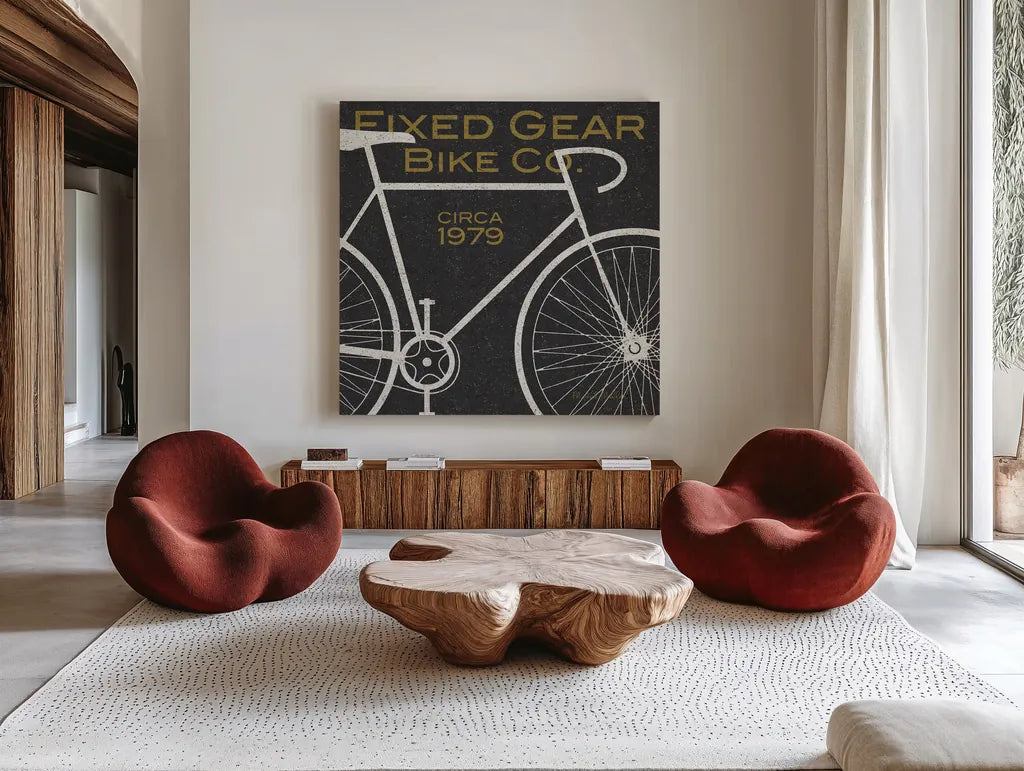 Fixed Gear Bike Co by Michael Mullan. Shown as extra-large giant wall art in a modern living room. Available as an archival giclee rolled canvas, fine art paper, or poster print. SKU 11868a.