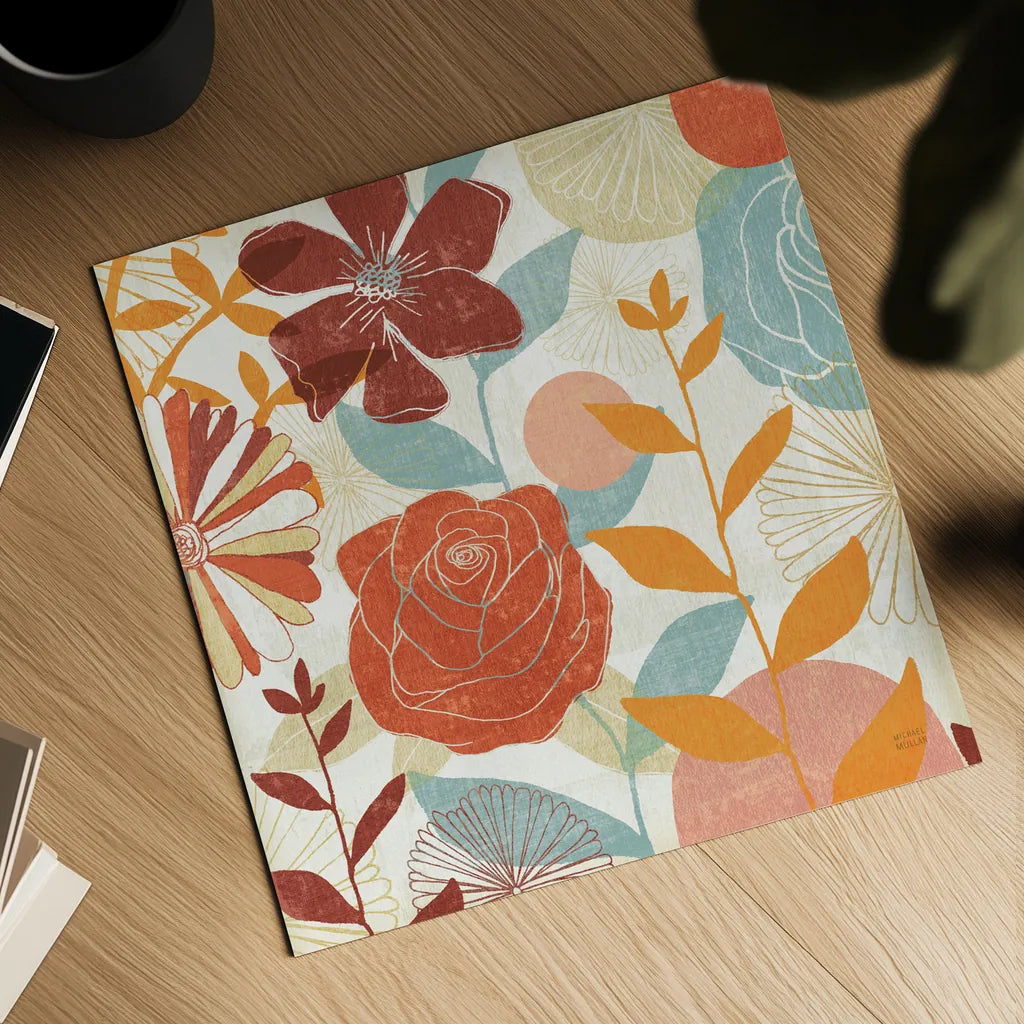 Floral Burst II Warm by Michael Mullan. Shown as a detailed flat fine art print, highlighting archival giclee quality. Available as an archival giclee rolled canvas, fine art paper, or poster print. SKU 61997a.