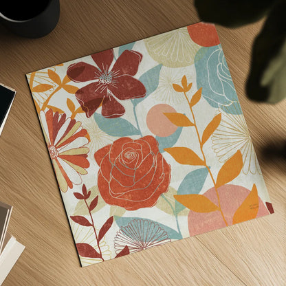 Floral Burst II Warm by Michael Mullan. Shown as a detailed flat fine art print, highlighting archival giclee quality. Available as an archival giclee rolled canvas, fine art paper, or poster print. SKU 61997a.