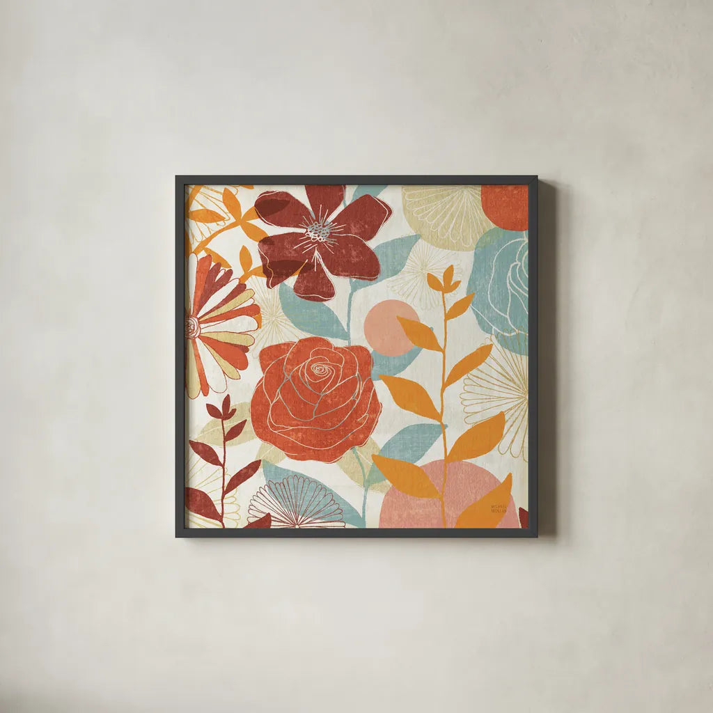 Floral Burst II Warm by Michael Mullan. Shown in a sleek black glass frame for a contemporary gallery look. Available as an archival giclee rolled canvas, fine art paper, or poster print. SKU 61997a.