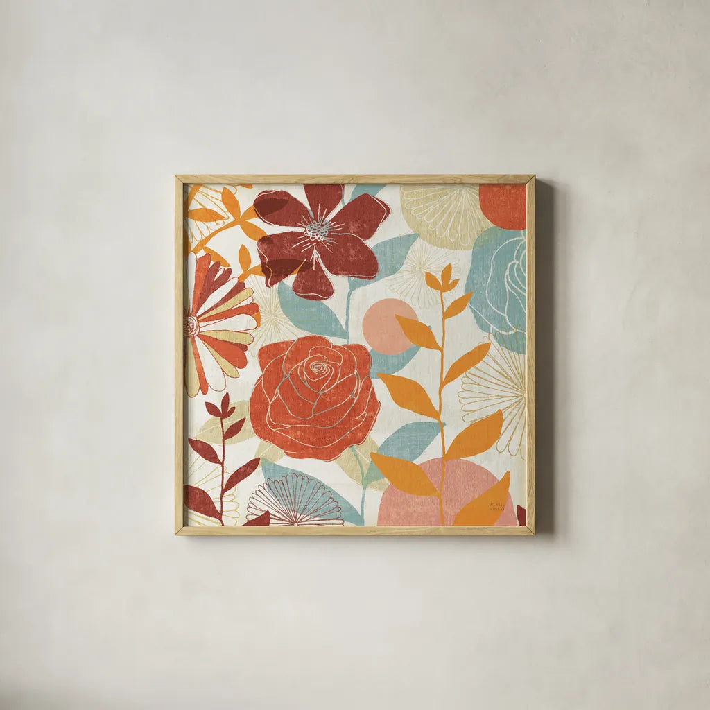 Floral Burst II Warm by Michael Mullan. Shown in a natural wood glass frame for a timeless modern aesthetic. Available as an archival giclee rolled canvas, fine art paper, or poster print. SKU 61997a.