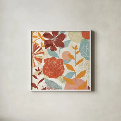 Floral Burst II Warm by Michael Mullan. Shown in a crisp white glass frame for a clean and minimalist style. Available as an archival giclee rolled canvas, fine art paper, or poster print. SKU 61997a.