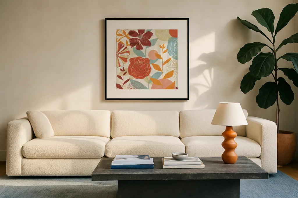 Floral Burst II Warm by Michael Mullan. Displayed in a glass frame with matte in a clean modern living room. Available as an archival giclee rolled canvas, fine art paper, or poster print. SKU 61997a.