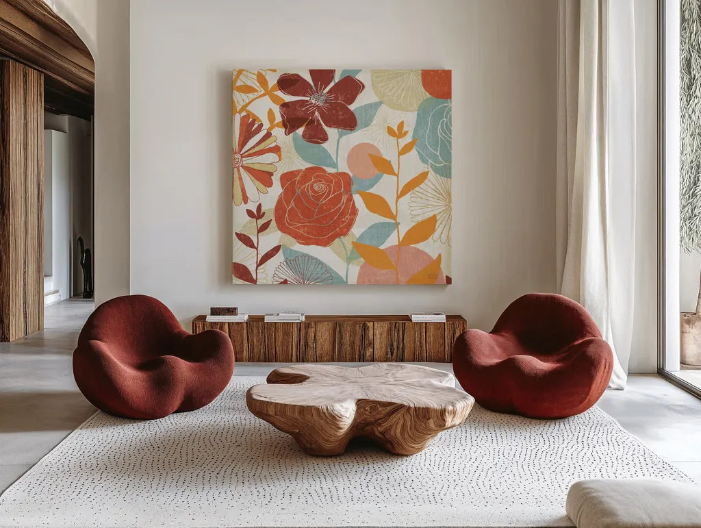 Floral Burst II Warm by Michael Mullan. Shown as extra-large giant wall art in a modern living room. Available as an archival giclee rolled canvas, fine art paper, or poster print. SKU 61997a.