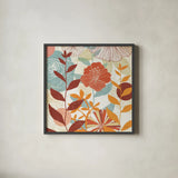 Floral Burst III Warm by Michael Mullan. Shown in a sleek black glass frame for a contemporary gallery look. Available as an archival giclee rolled canvas, fine art paper, or poster print. SKU 61998a.