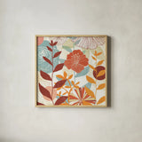 Floral Burst III Warm by Michael Mullan. Shown in a natural wood glass frame for a timeless modern aesthetic. Available as an archival giclee rolled canvas, fine art paper, or poster print. SKU 61998a.