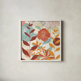 Floral Burst III Warm by Michael Mullan. Shown in a crisp white glass frame for a clean and minimalist style. Available as an archival giclee rolled canvas, fine art paper, or poster print. SKU 61998a.