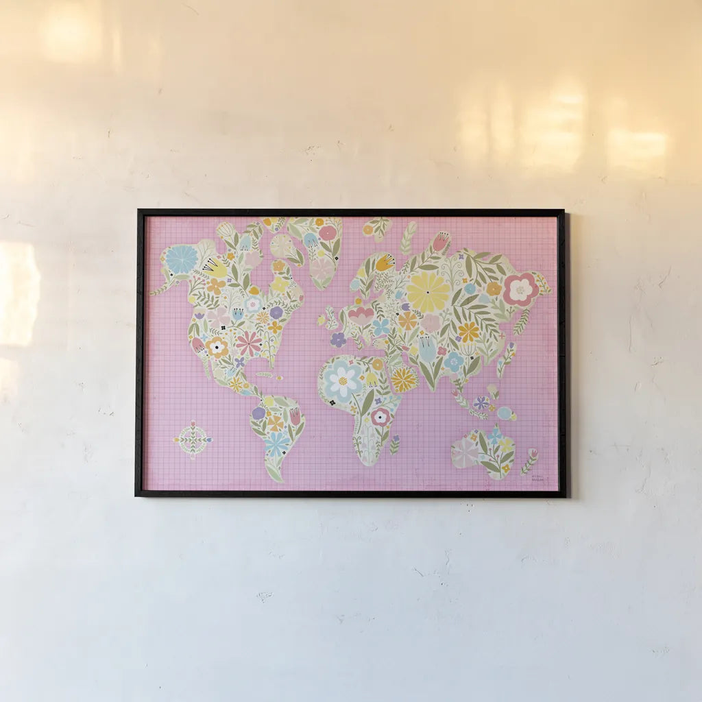 Floral World Pink by Michael Mullan. shown as a paper print in a black flame. Available as a archival giclee rolled canvas, fine art paper, or poster print. SKU 49367i.